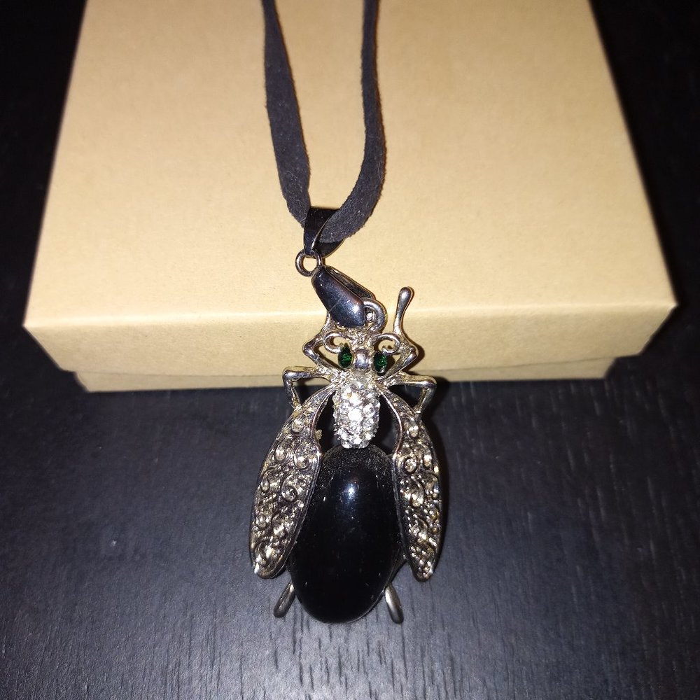 Rhinestone Black Bug Necklace